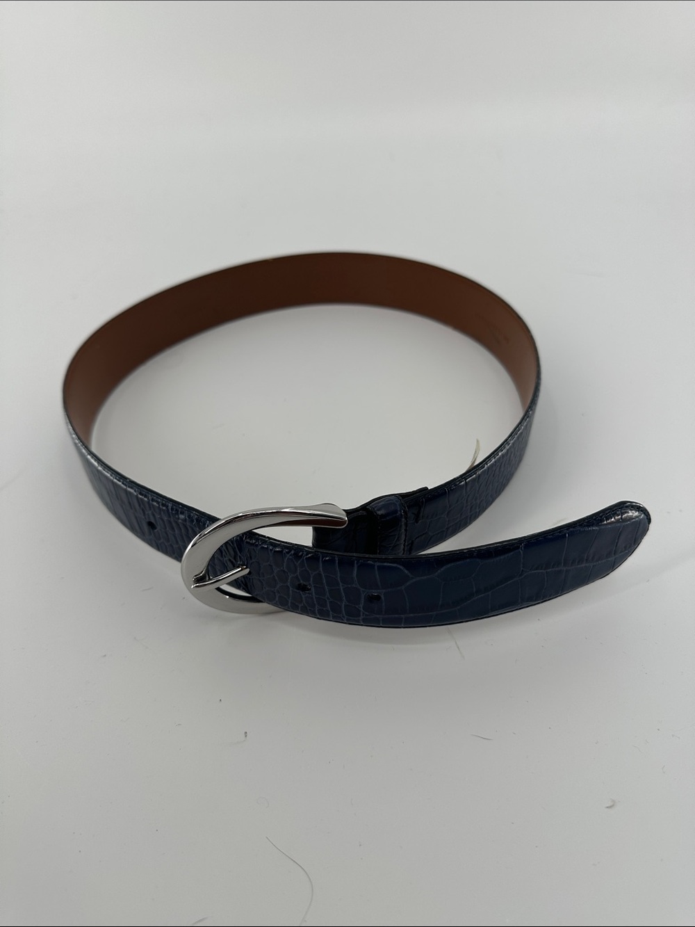 Ralph Lauren Navy Croc-Embossed Leather Belt with Silver Buckle